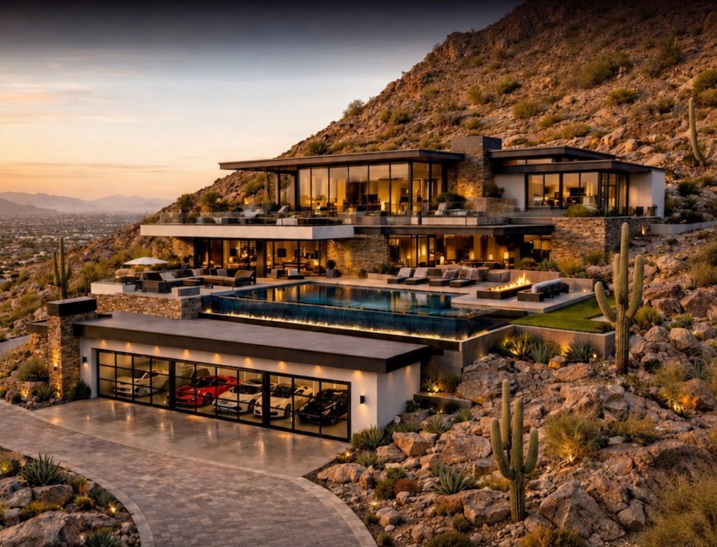 Luxury multi-level hillside estate with infinity pool and desert mountain views — Paradise Valley Arizona development by One Reserve Investments